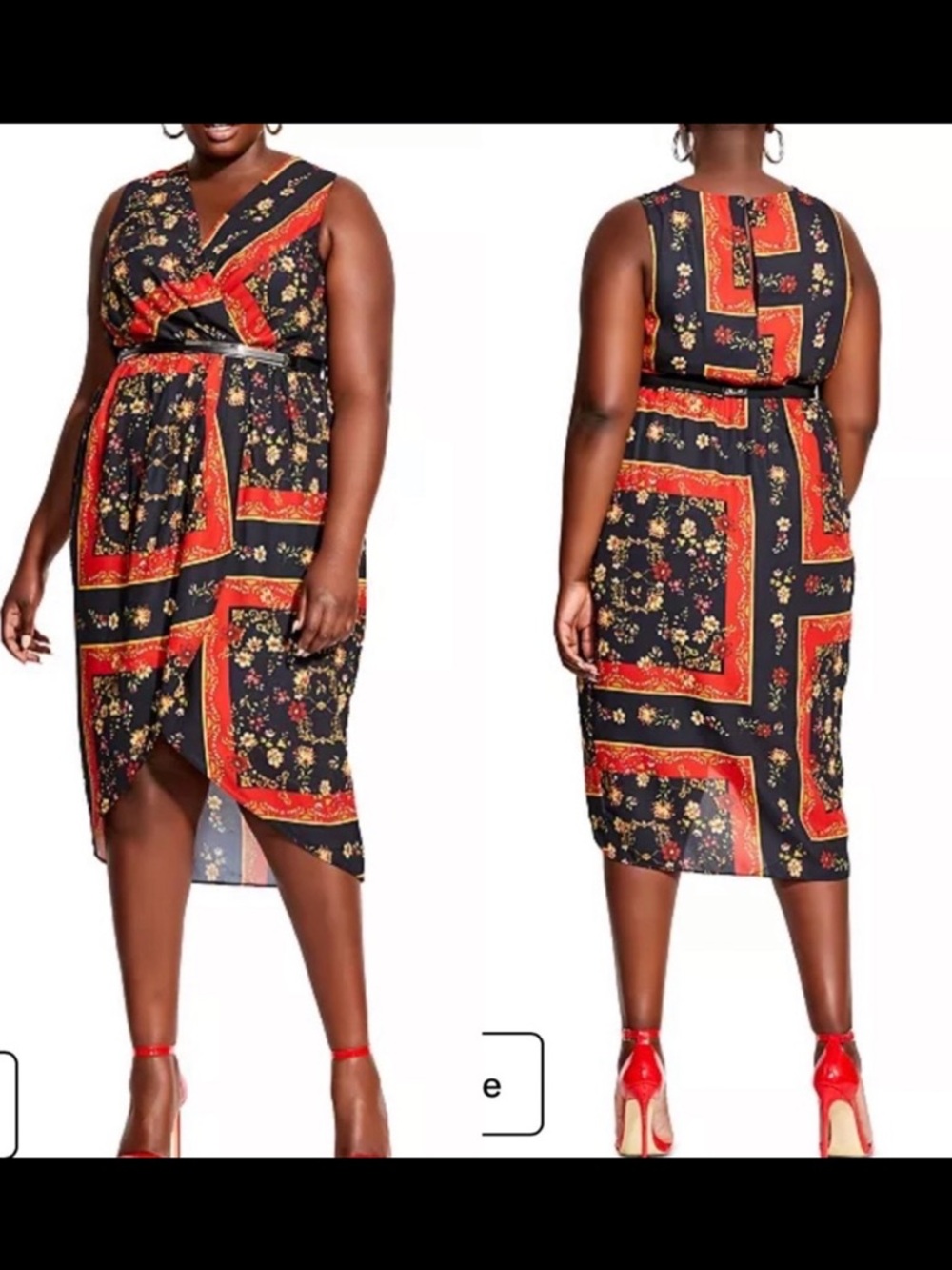City Chic Printed Scarf Faux Wrap Midi Dress: Floral Patchwork Red Black